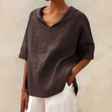 Women's Oversized Blouse with Short Sleeves, Hood and V-Neck
