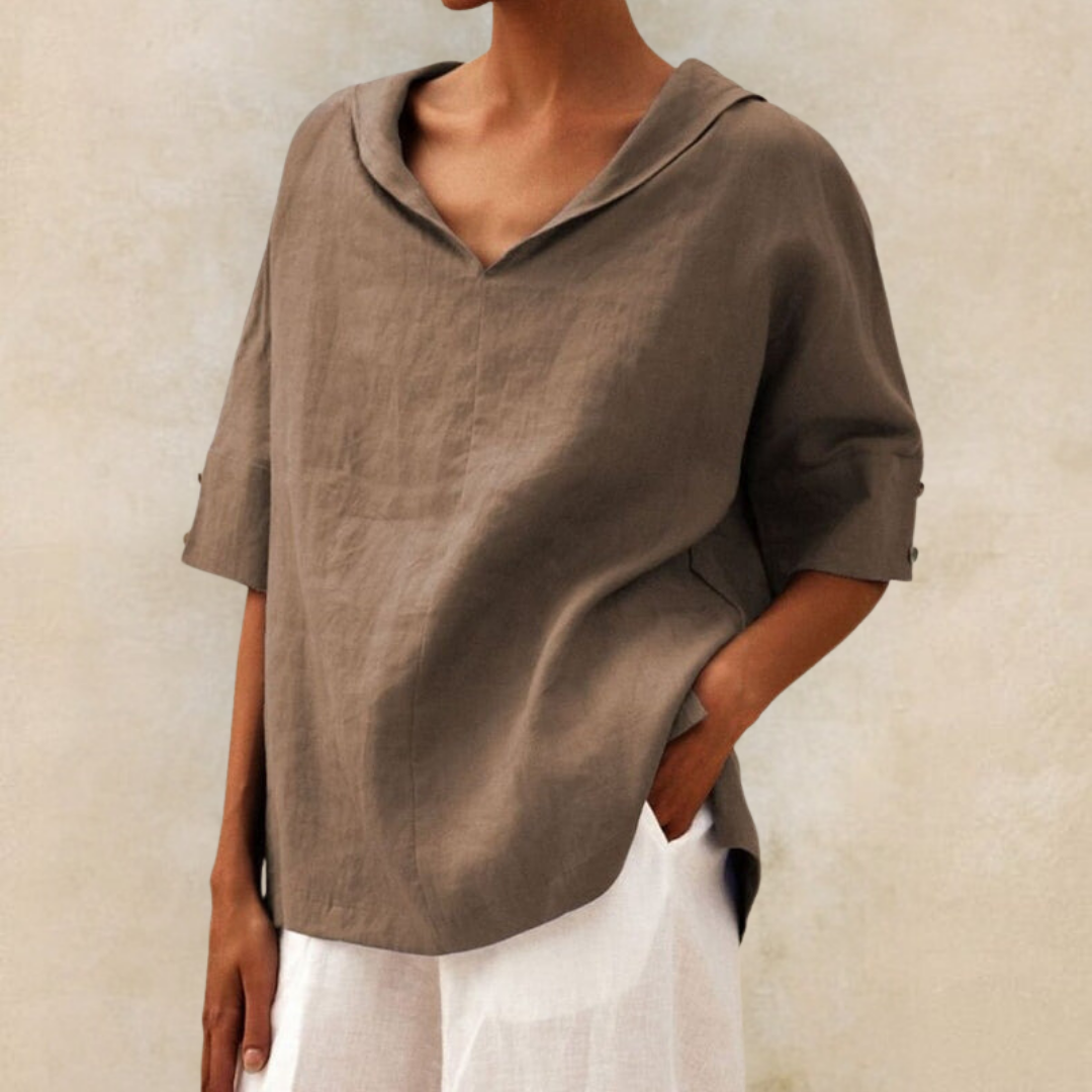Women's Oversized Blouse with Short Sleeves, Hood and V-Neck