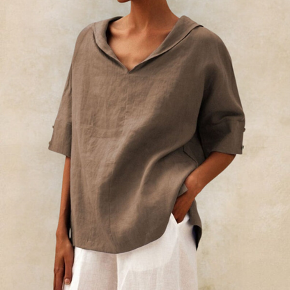 Women's Oversized Blouse with Short Sleeves, Hood and V-Neck