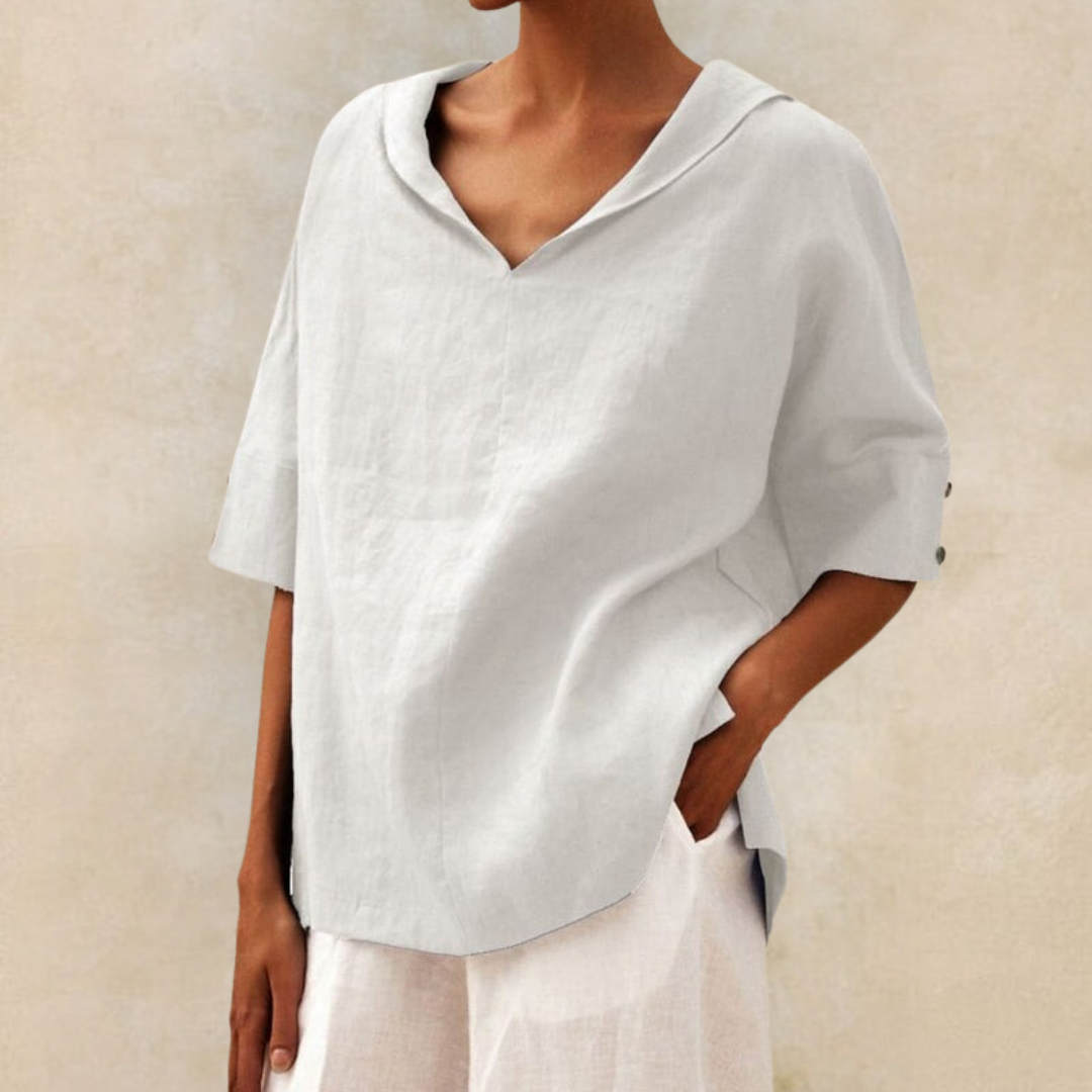 Women's Oversized Blouse with Short Sleeves, Hood and V-Neck