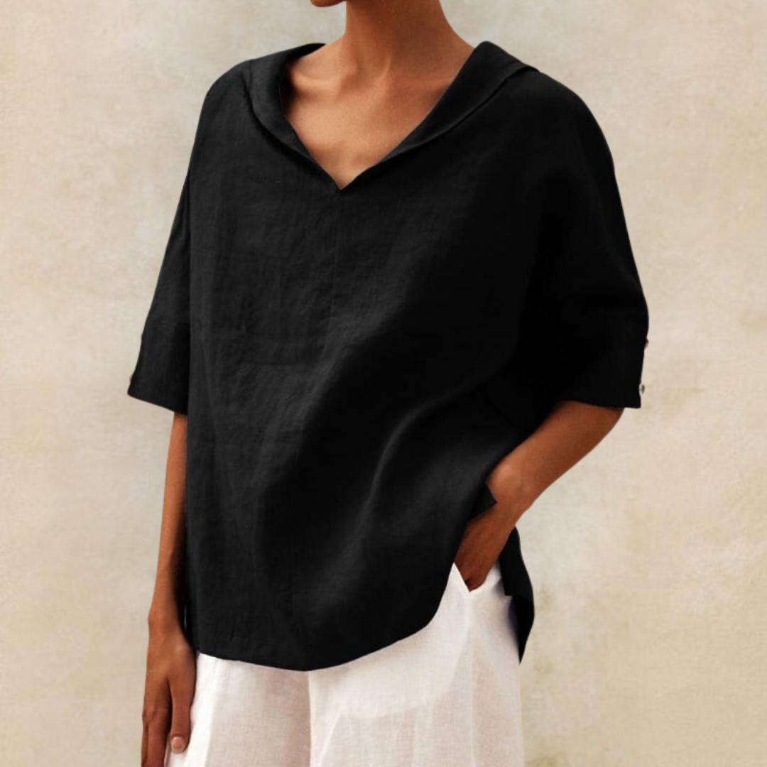 Women's Oversized Blouse with Short Sleeves, Hood and V-Neck