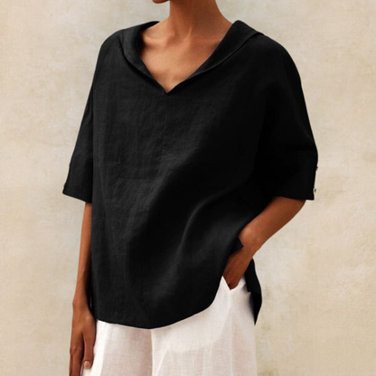 Women's Oversized Blouse with Short Sleeves, Hood and V-Neck
