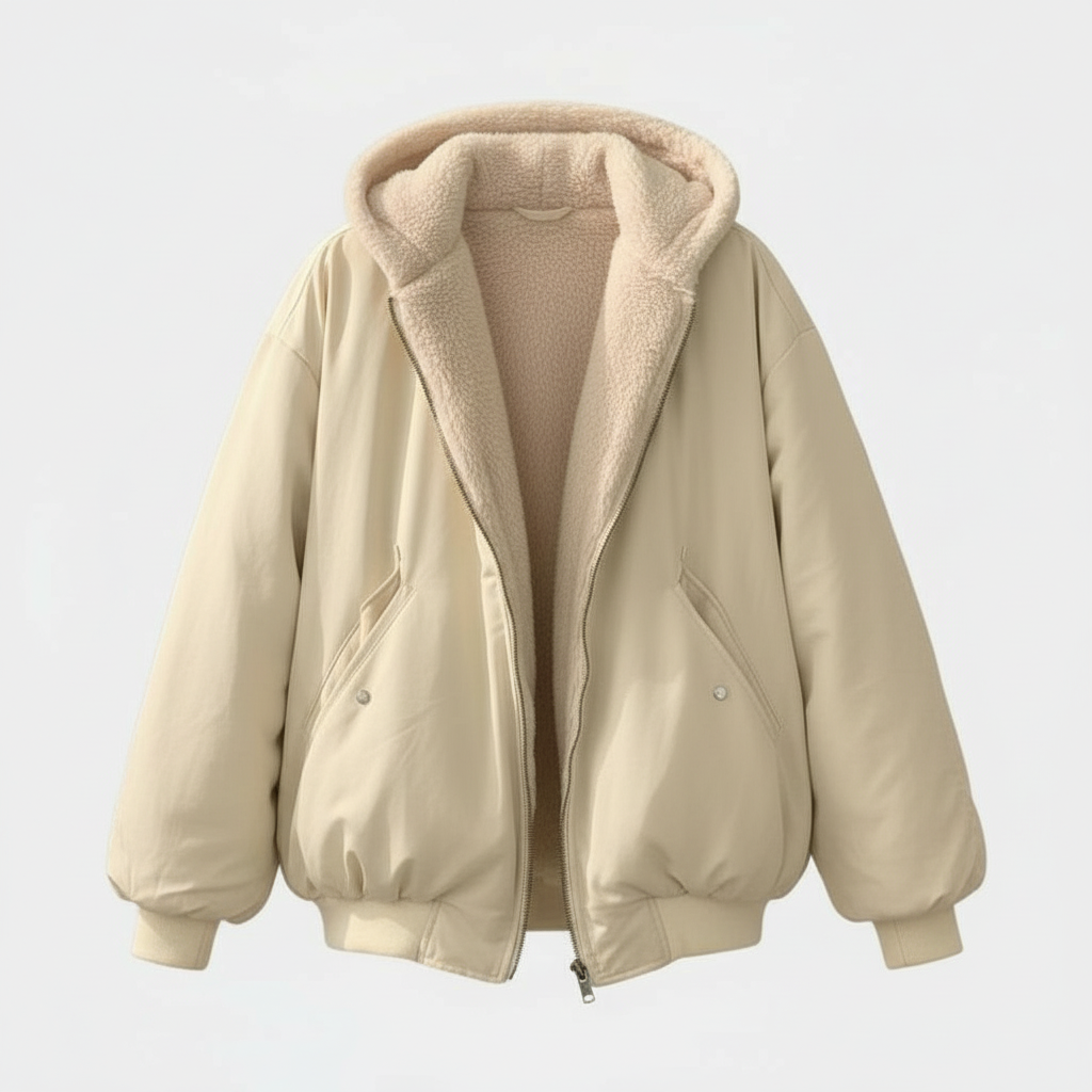 Women's Oversized Bomber Jacket with Hood and Sherpa Lining