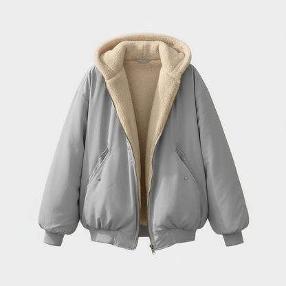 Women's Oversized Bomber Jacket with Hood and Sherpa Lining