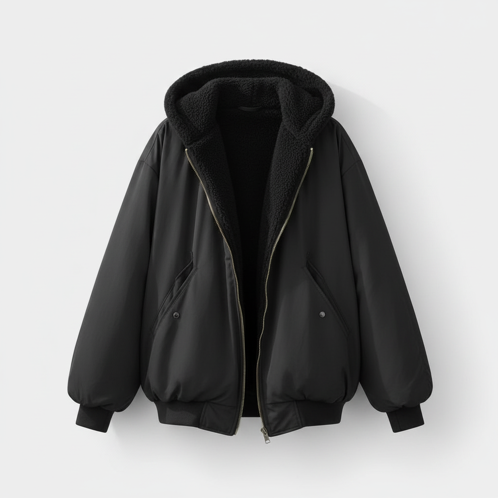 Women's Oversized Bomber Jacket with Hood and Sherpa Lining
