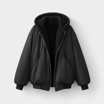 Women's Oversized Bomber Jacket with Hood and Sherpa Lining