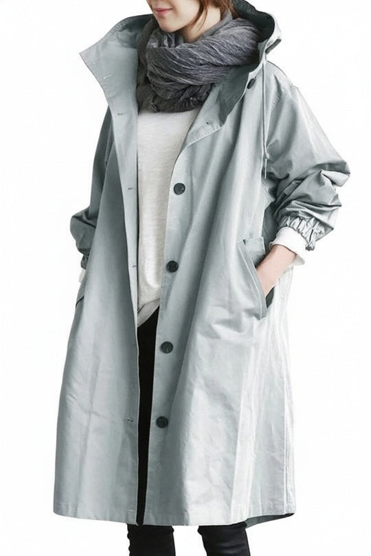 Women's Oversized Hooded Trench Coat with Button Closure and Long Sleeves