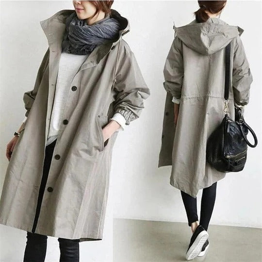 Women's Oversized Hooded Trench Coat with Button Closure and Long Sleeves
