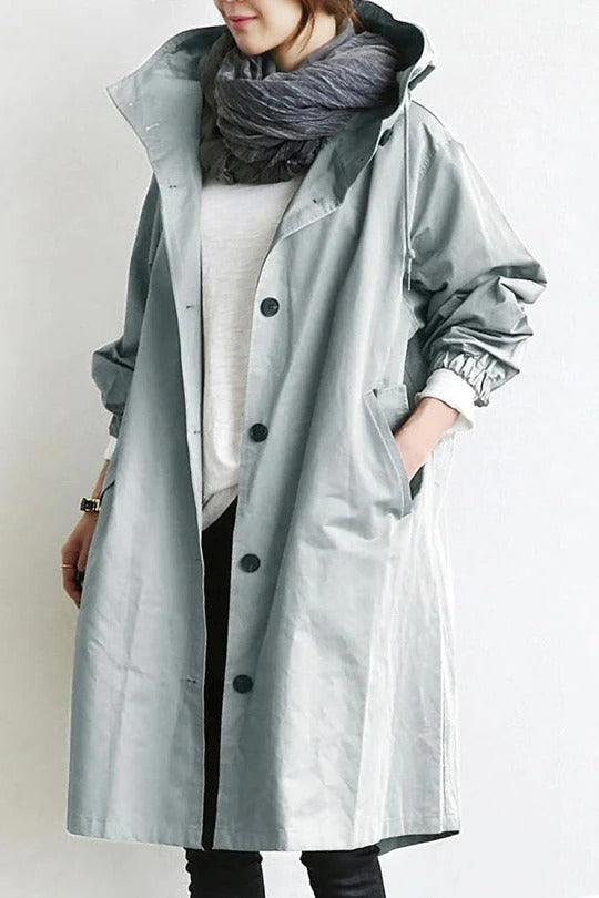 Women's Oversized Hooded Trench Coat with Button Closure and Long Sleeves