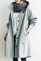Women's Oversized Hooded Trench Coat with Button Closure and Long Sleeves