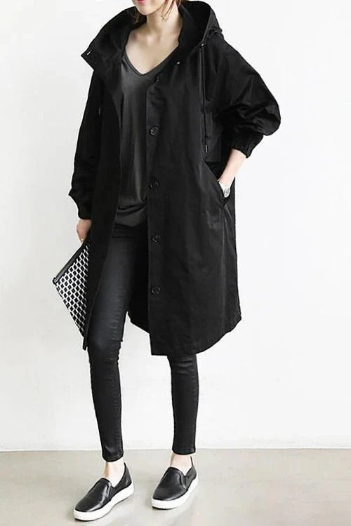 Women's Oversized Hooded Trench Coat with Button Closure and Long Sleeves