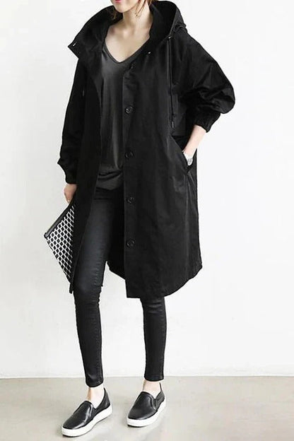 Women's Oversized Hooded Trench Coat with Button Closure and Long Sleeves