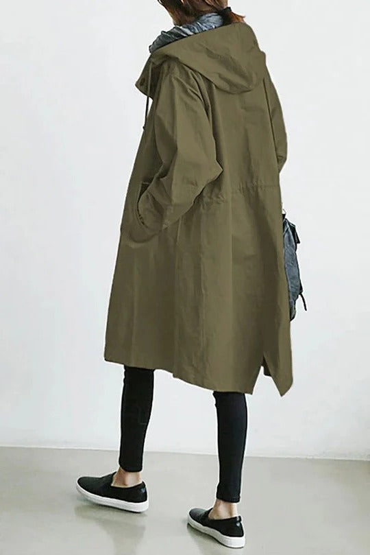 Women's Oversized Hooded Trench Coat with Button Closure and Long Sleeves