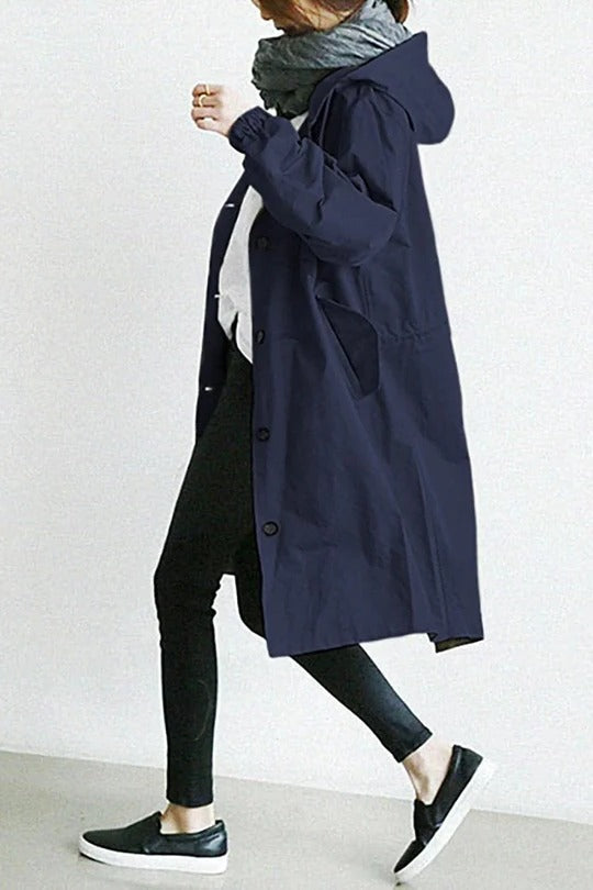 Women's Oversized Hooded Trench Coat with Button Closure and Long Sleeves