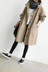 Women's Oversized Hooded Trench Coat with Button Closure and Long Sleeves