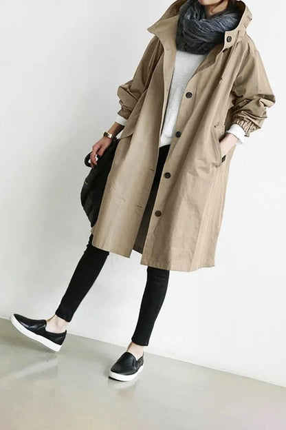 Women's Oversized Hooded Trench Coat with Button Closure and Long Sleeves