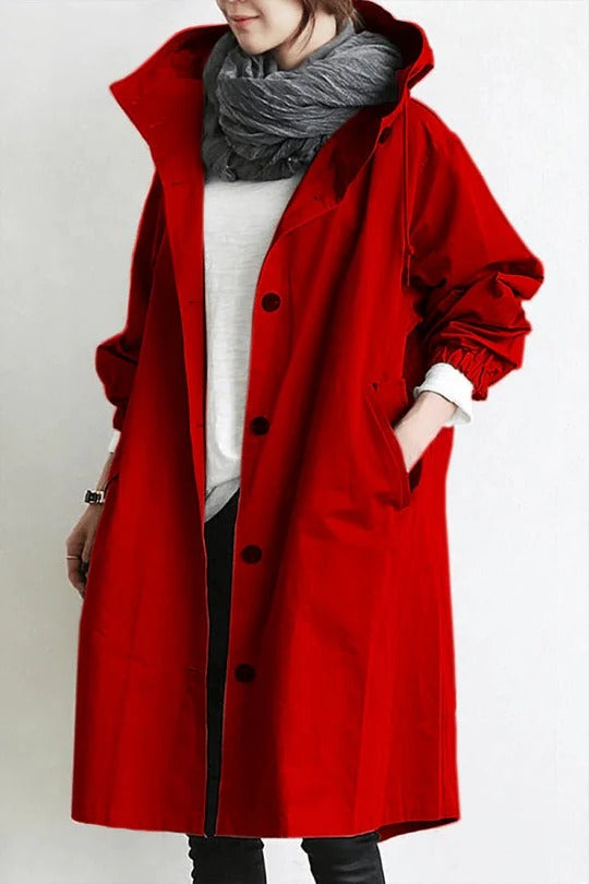 Women's Oversized Hooded Trench Coat with Button Closure and Long Sleeves