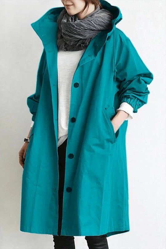Women's Oversized Hooded Trench Coat with Button Closure and Long Sleeves