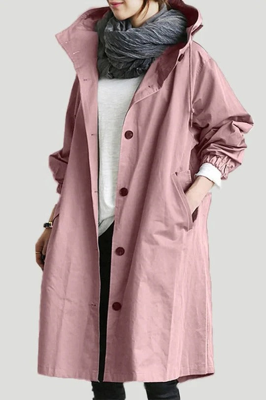 Women's Oversized Hooded Trench Coat with Button Closure and Long Sleeves