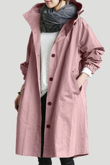 Women's Oversized Hooded Trench Coat with Button Closure and Long Sleeves