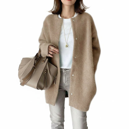Women's Oversized Long Cardigan with Round Neck and Button Closure