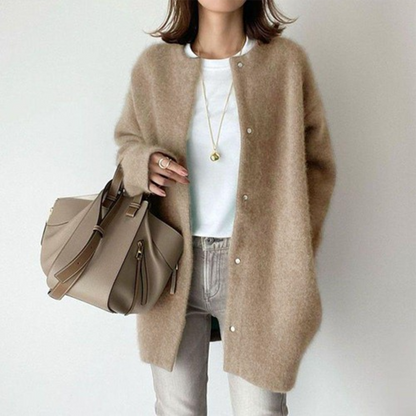 Women's Oversized Long Cardigan with Round Neck and Button Closure
