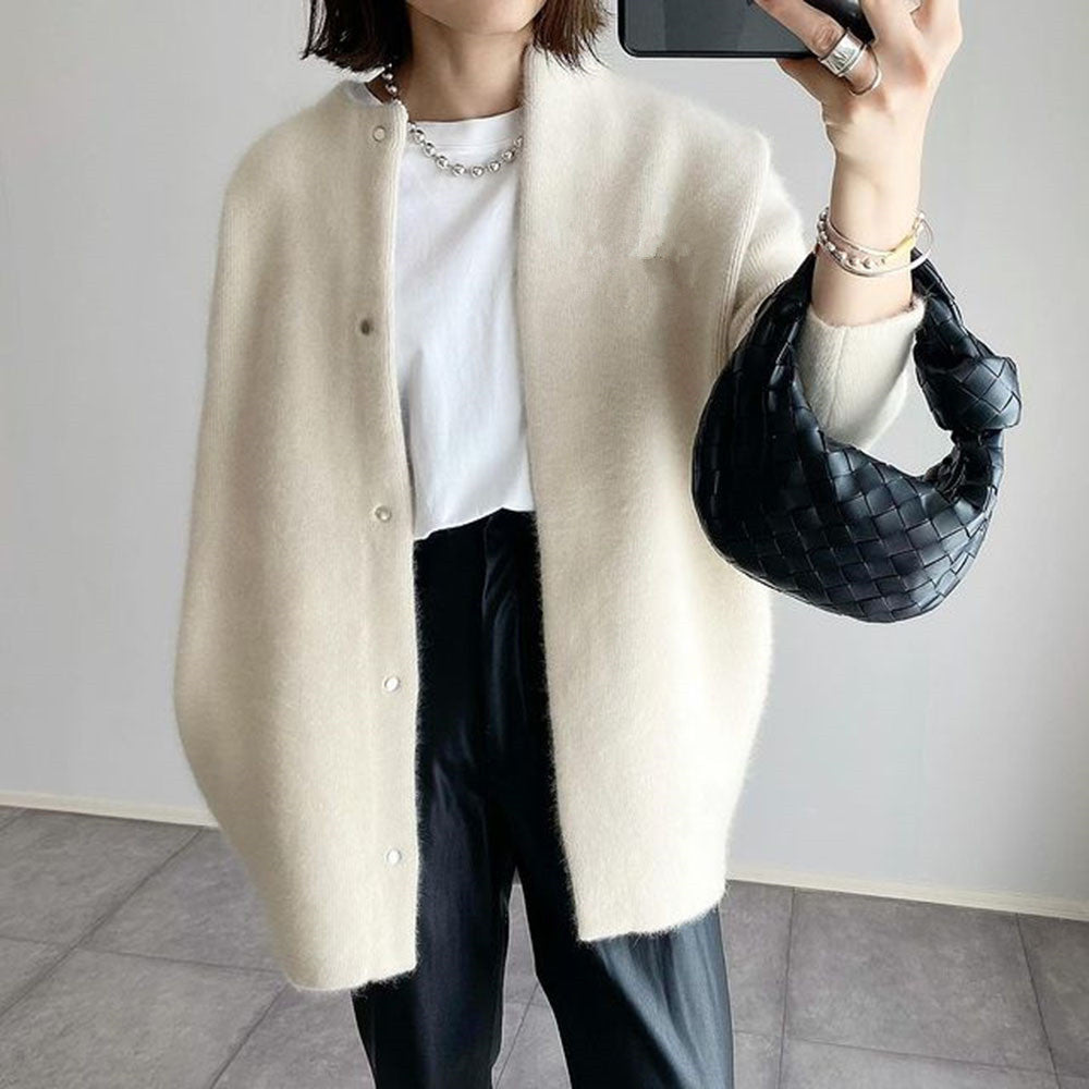 Women's Oversized Long Cardigan with Round Neck and Button Closure