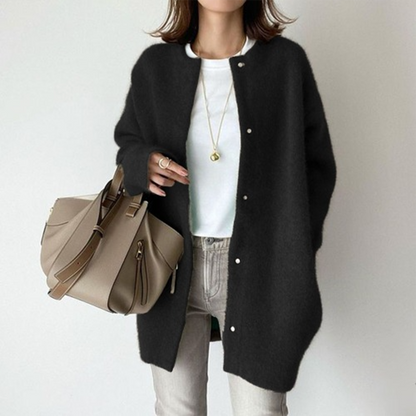 Women's Oversized Long Cardigan with Round Neck and Button Closure