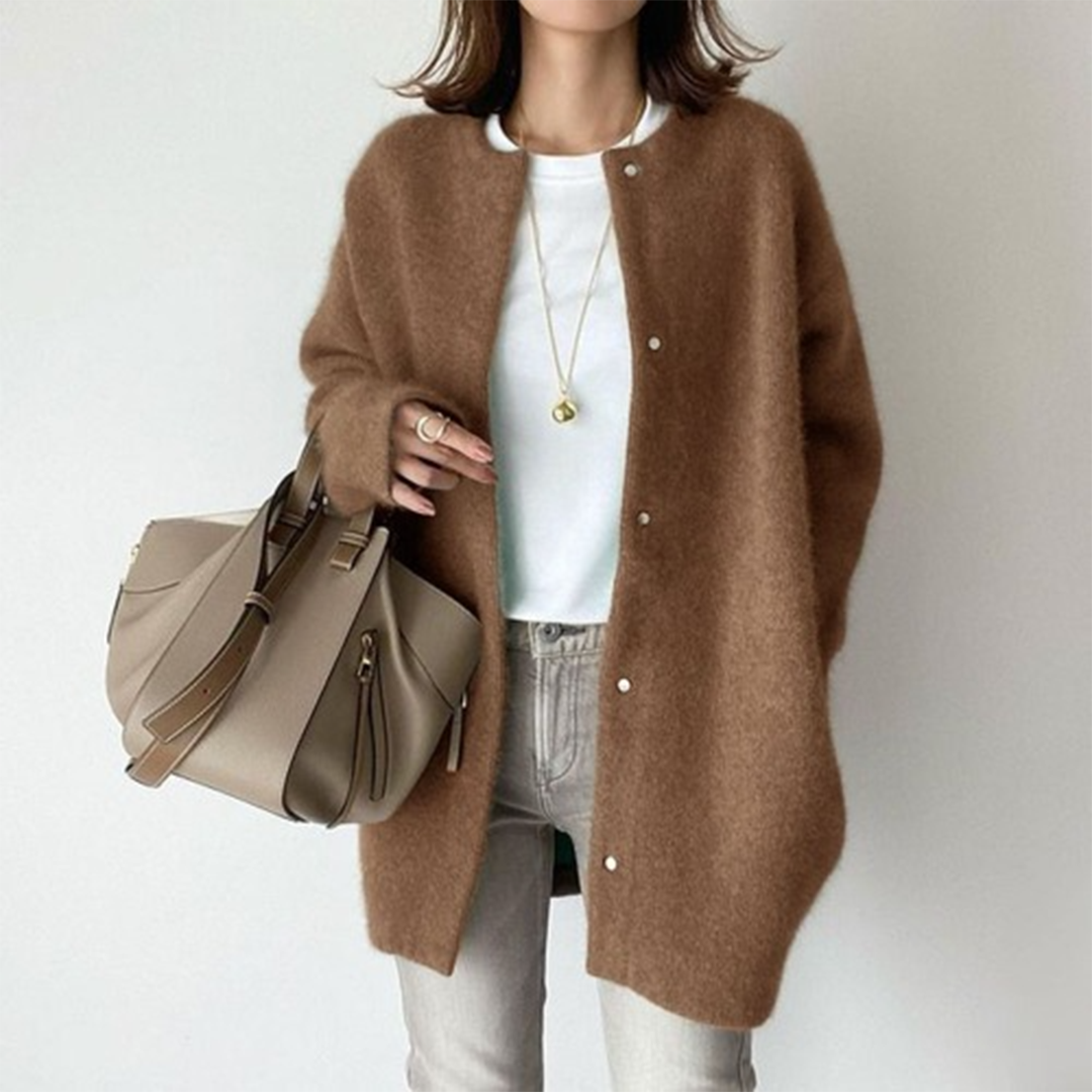 Women's Oversized Long Cardigan with Round Neck and Button Closure