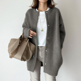 Women's Oversized Long Cardigan with Round Neck and Button Closure