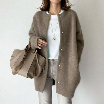 Women's Oversized Long Cardigan with Round Neck and Button Closure