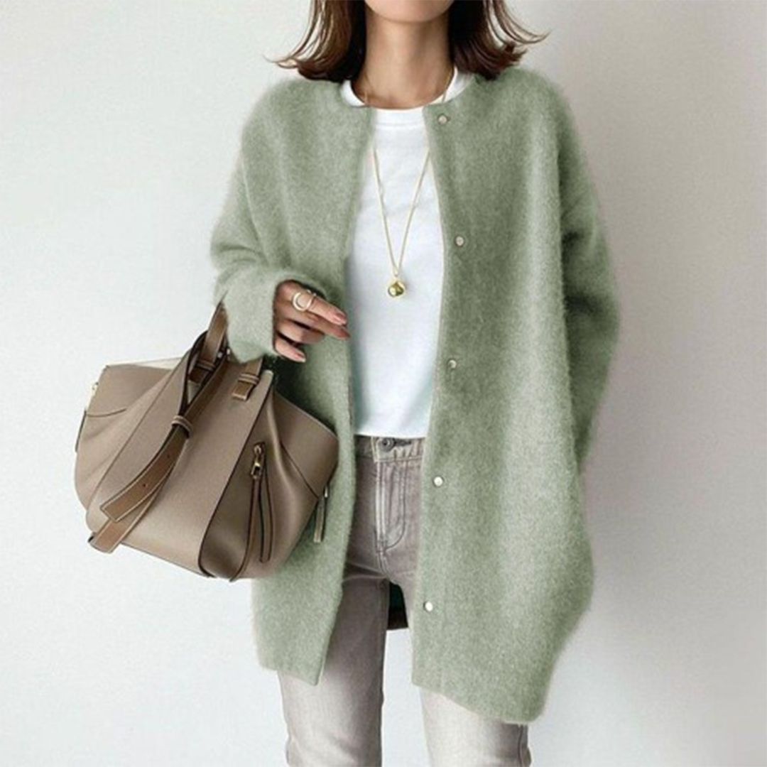 Women's Oversized Long Cardigan with Round Neck and Button Closure