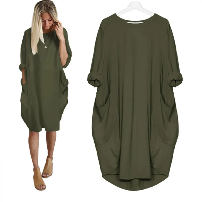 Women's Oversized Midi Dress with Long Sleeves, Round Neck and Side Pockets
