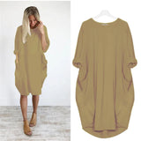Women's Oversized Midi Dress with Long Sleeves, Round Neck and Side Pockets