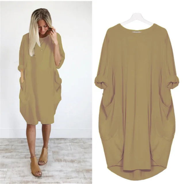 Women's Oversized Midi Dress with Long Sleeves, Round Neck and Side Pockets