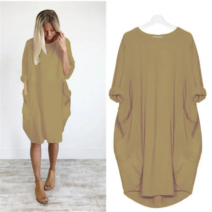 Women's Oversized Midi Dress with Long Sleeves, Round Neck and Side Pockets