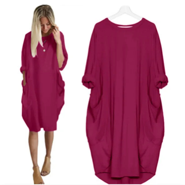 Women's Oversized Midi Dress with Long Sleeves, Round Neck and Side Pockets