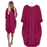 Women's Oversized Midi Dress with Long Sleeves, Round Neck and Side Pockets