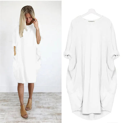 Women's Oversized Midi Dress with Long Sleeves, Round Neck and Side Pockets