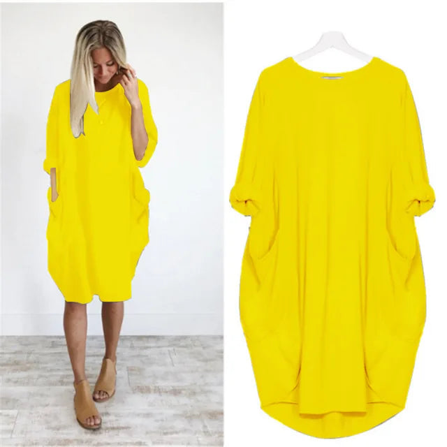 Women's Oversized Midi Dress with Long Sleeves, Round Neck and Side Pockets