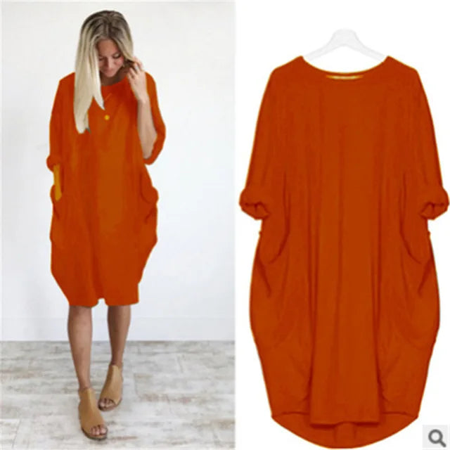 Women's Oversized Midi Dress with Long Sleeves, Round Neck and Side Pockets