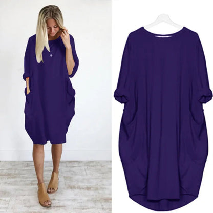 Women's Oversized Midi Dress with Long Sleeves, Round Neck and Side Pockets