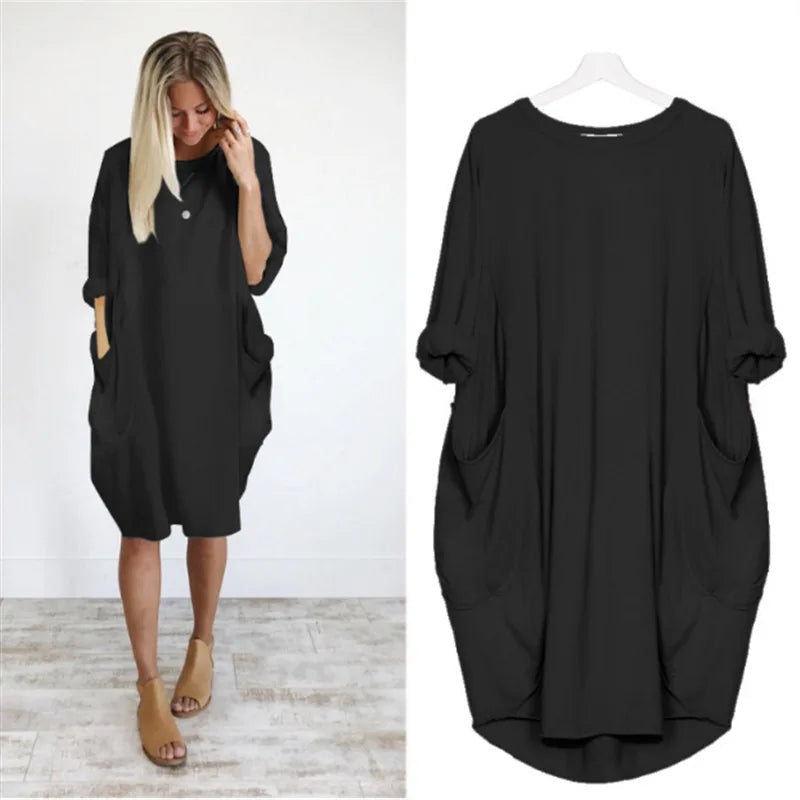 Women's Oversized Midi Dress with Long Sleeves, Round Neck and Side Pockets