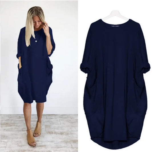 Women's Oversized Midi Dress with Long Sleeves, Round Neck and Side Pockets