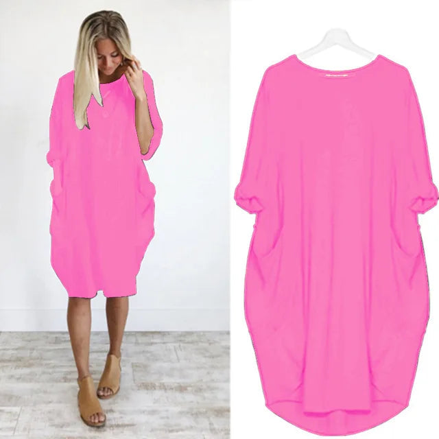 Women's Oversized Midi Dress with Long Sleeves, Round Neck and Side Pockets