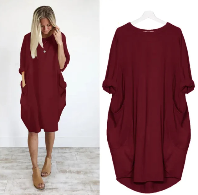 Women's Oversized Midi Dress with Long Sleeves, Round Neck and Side Pockets