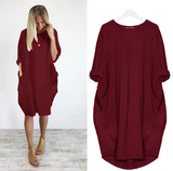 Women's Oversized Midi Dress with Long Sleeves, Round Neck and Side Pockets
