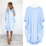 Women's Oversized Midi Dress with Long Sleeves, Round Neck and Side Pockets