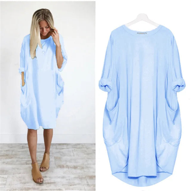 Women's Oversized Midi Dress with Long Sleeves, Round Neck and Side Pockets