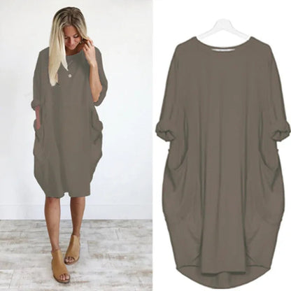 Women's Oversized Midi Dress with Long Sleeves, Round Neck and Side Pockets